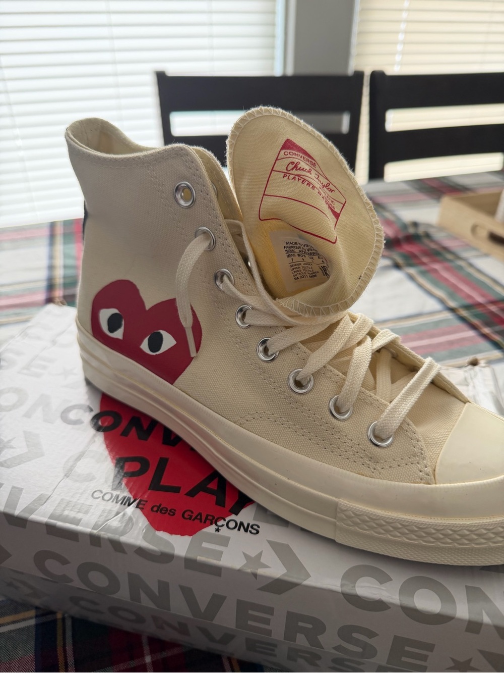 Converse PLAY High Top Sneakers in Cream with Red Heart